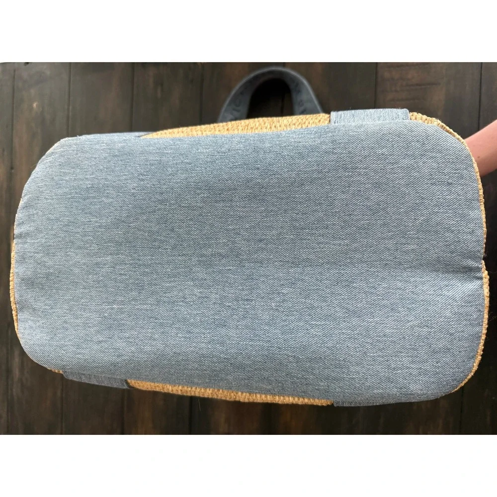 Victoria's Secret Paper Straw Tote Bag with Denim Logo Straps Lined Snap Closure